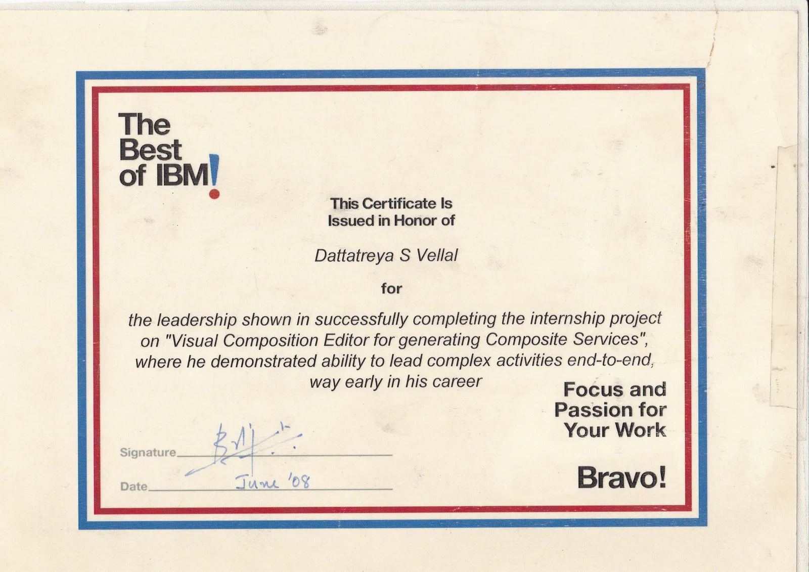 Certificate: Bravo award for leading an internship, a year into my career