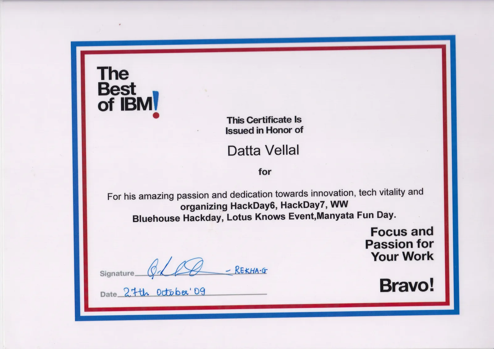 Certificate: Bravo award for running five innovation events in two years