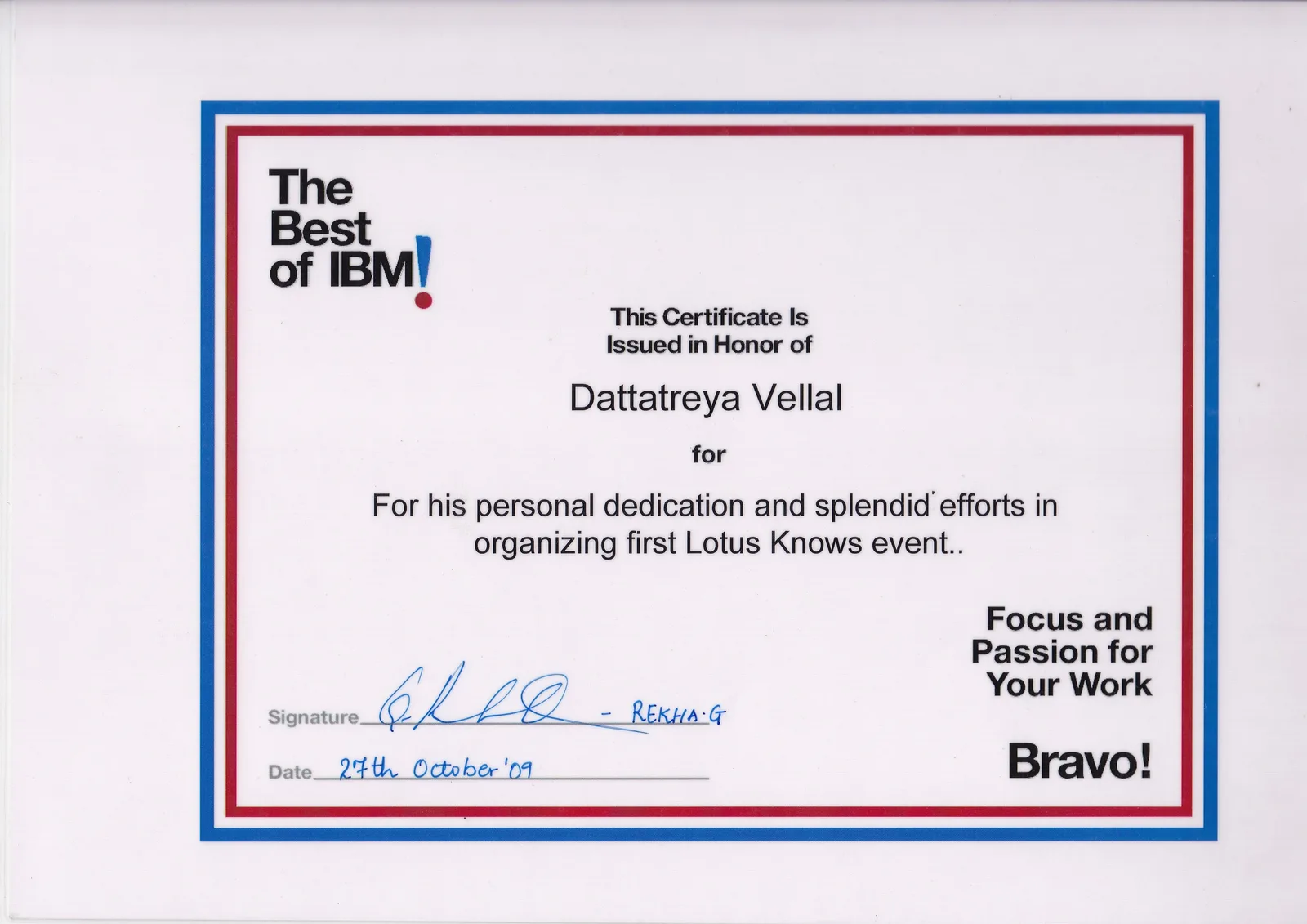 Certificate: Bravo award for organizing the first Lotus Knows event
