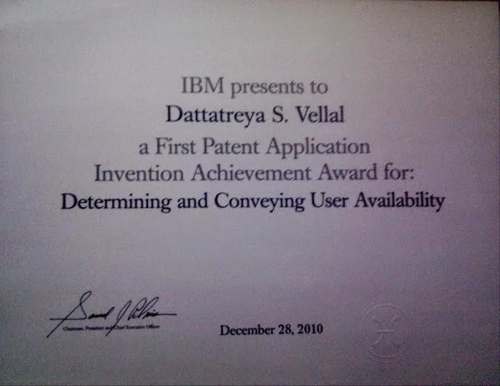 Certificate: IBM invention award for my first patent application