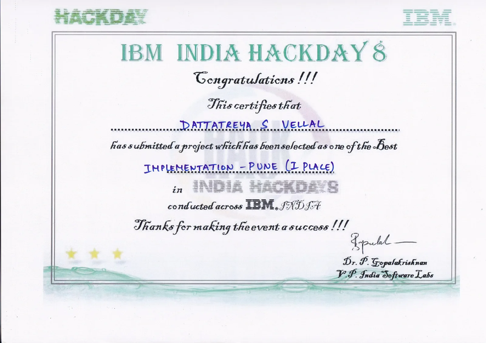 Certificate: First place for implementation at IBM India's hackday