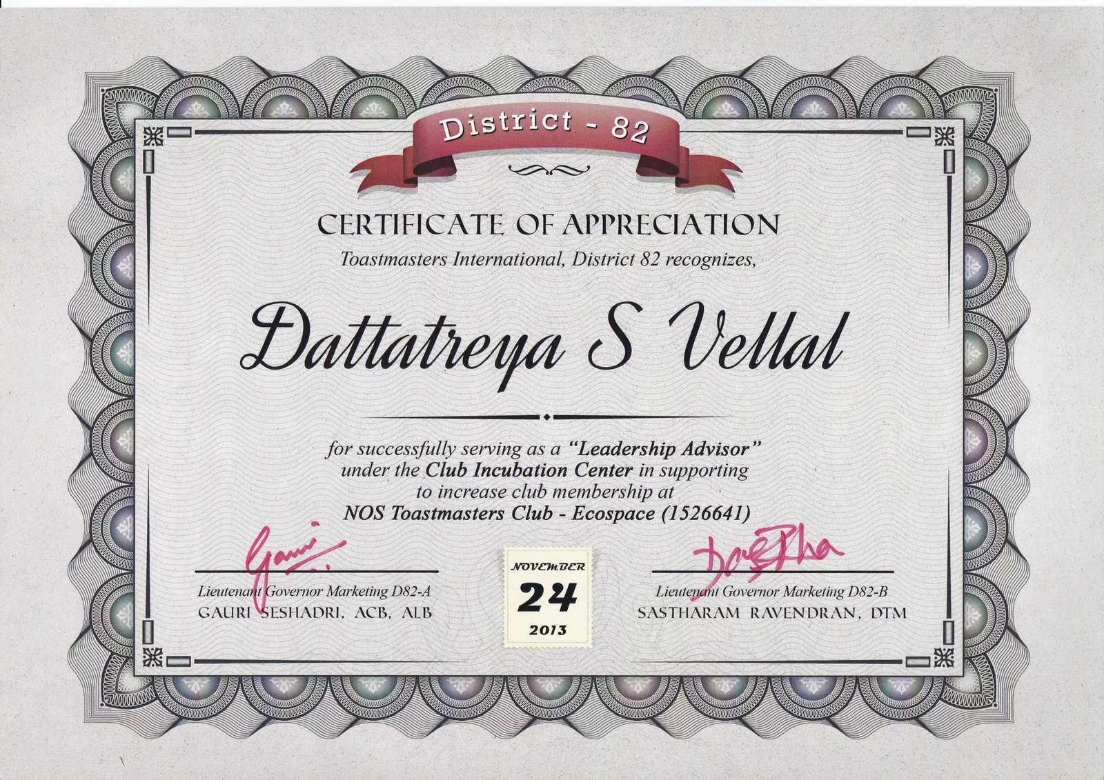 Certificate: Leadership Advisor for a new Toastmasters club