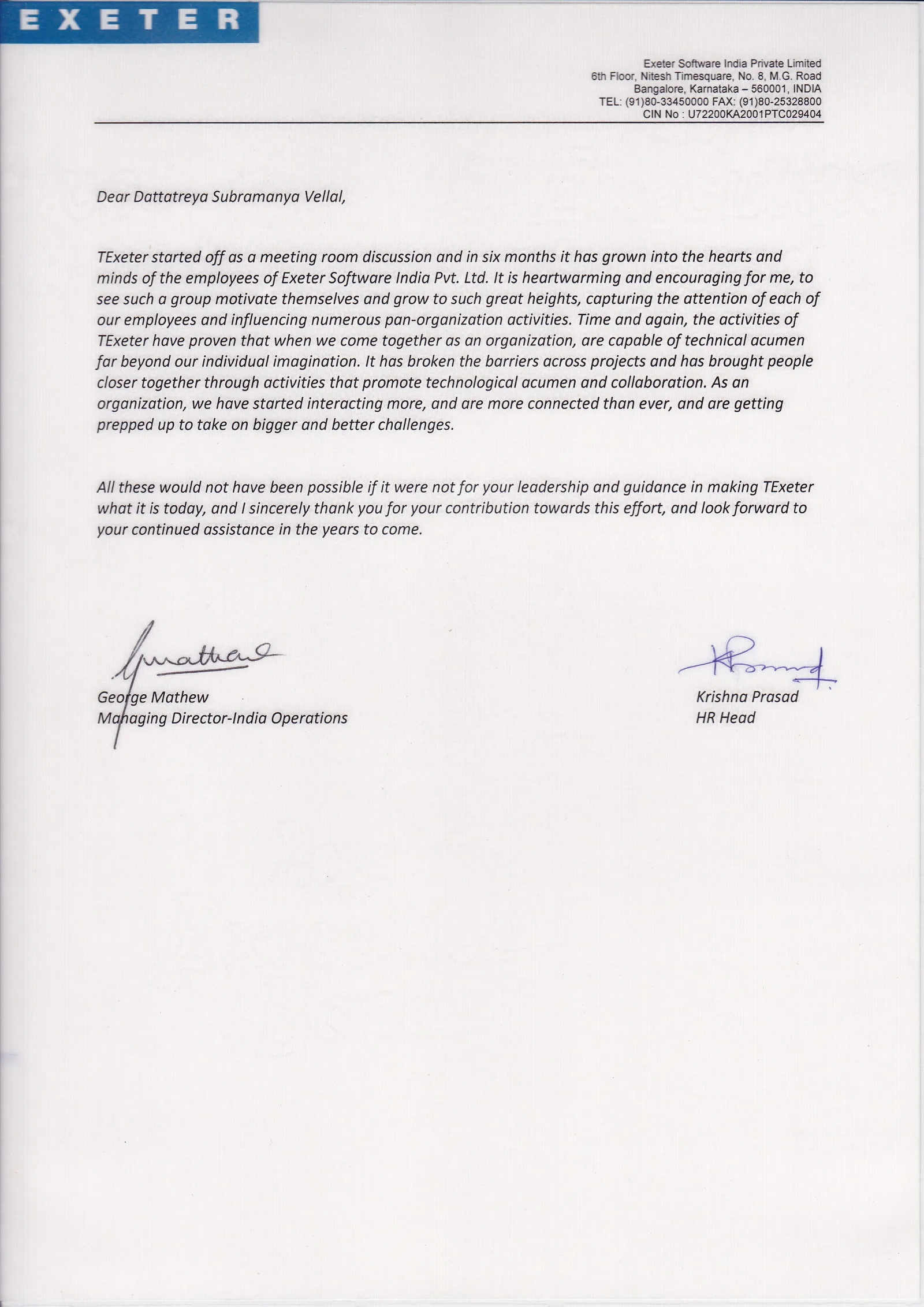 Certificate: Thanked for six months of leading TExeter