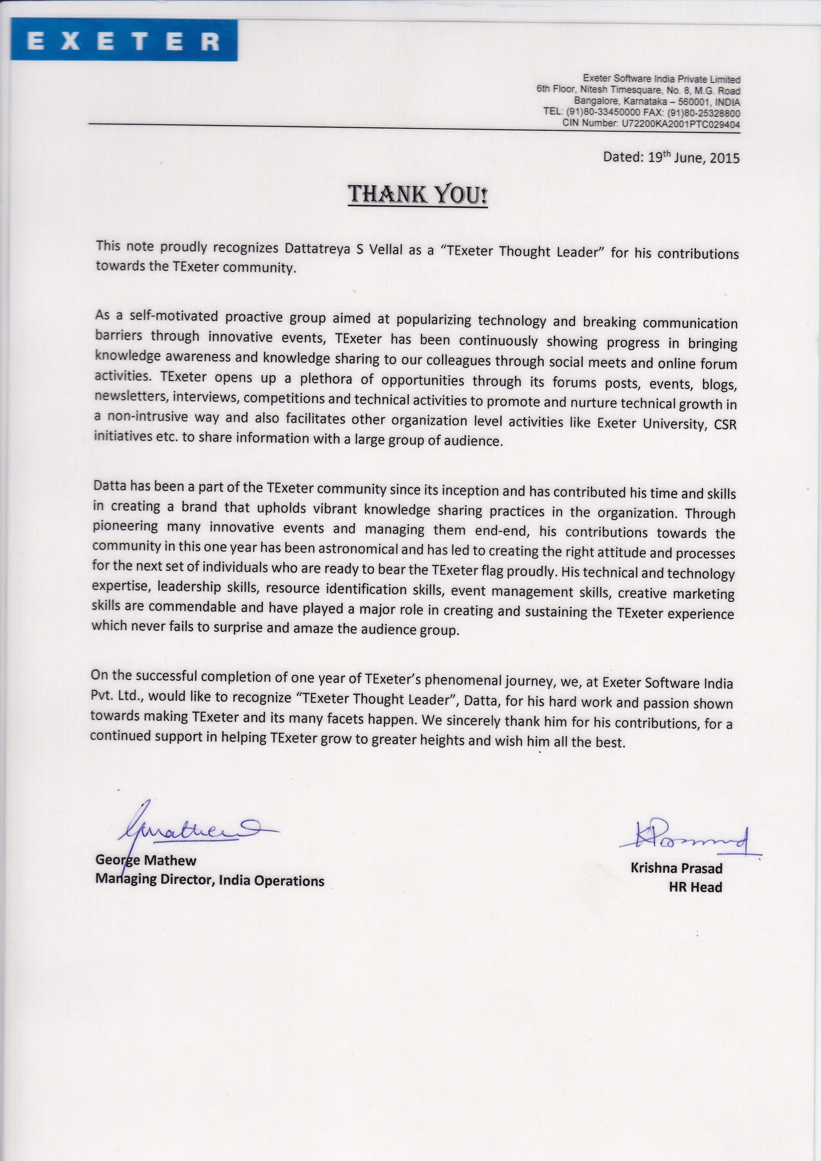 Certificate: Named TExeter Thought Leader after one year