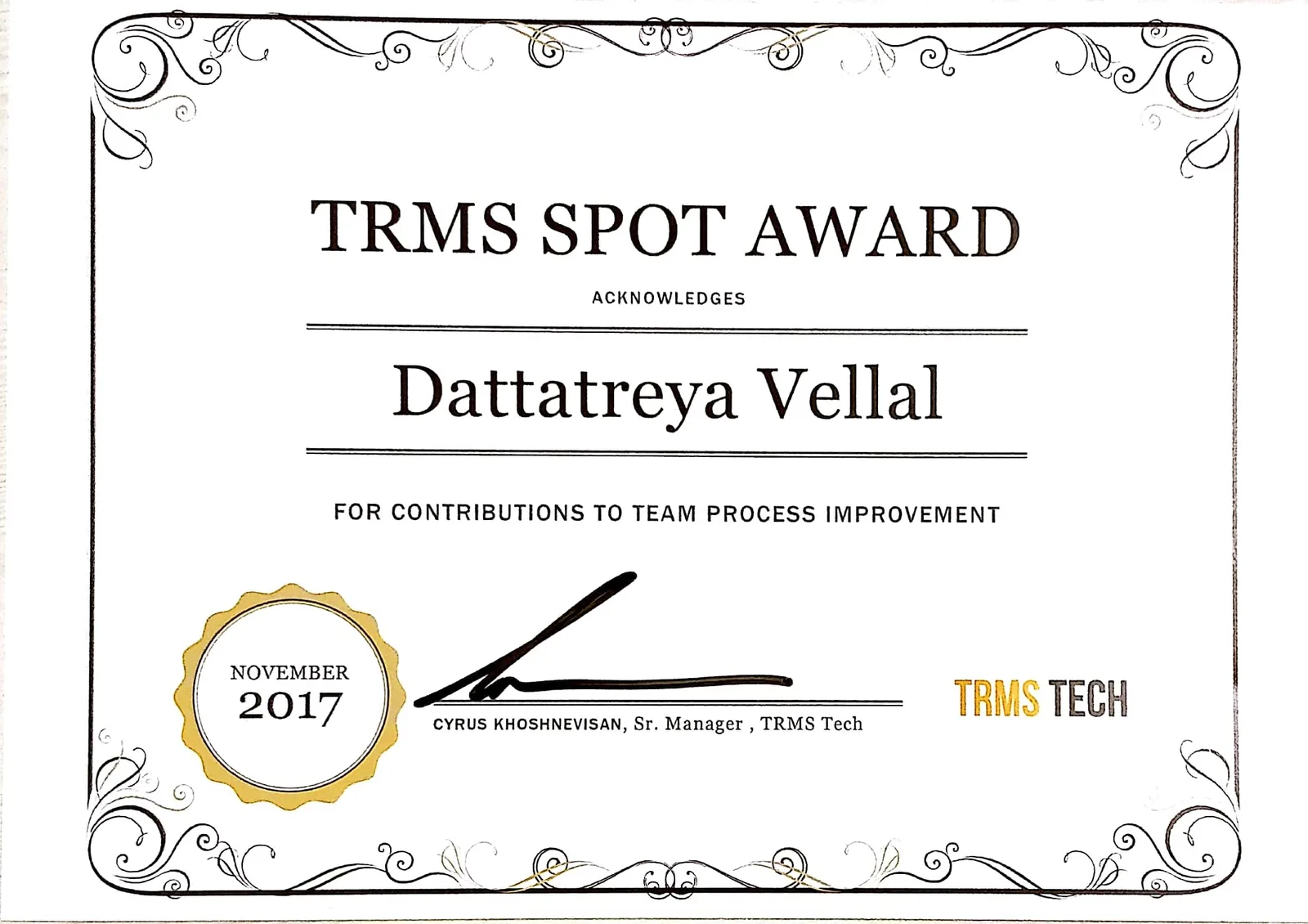 Certificate: Spot Award for a sprint process that raised completion to 85%