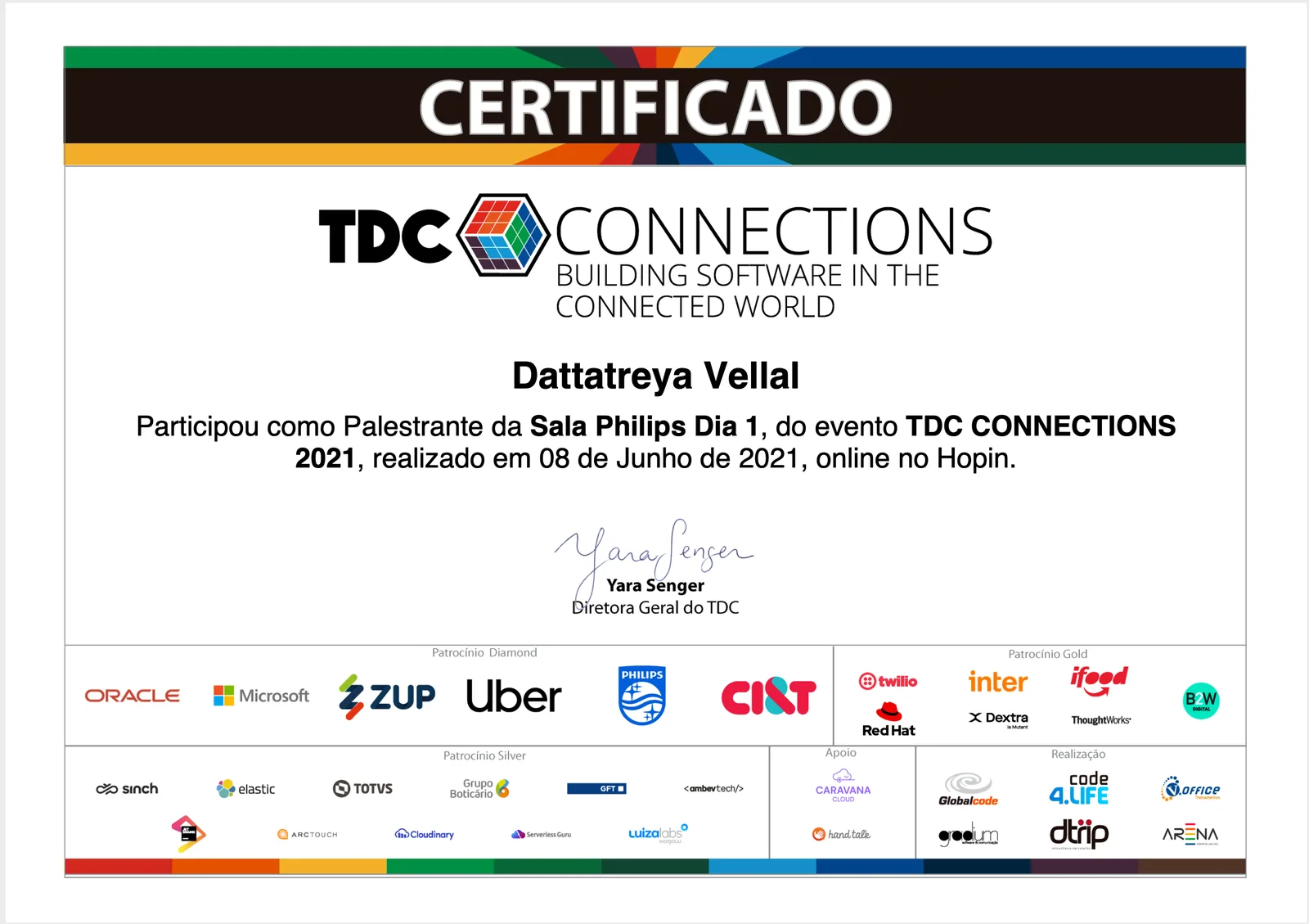 Certificate: Spoke for Philips at a major developer conference in Brazil