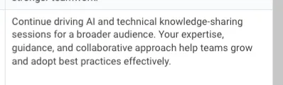 Anonymous Test Automation Specialist feedback recommending wider AI and technical knowledge sharing.