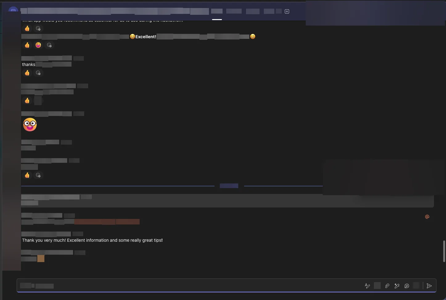 Teams chat excerpt with participant identities and interface counts obscured.