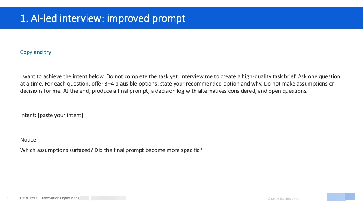 Presentation slide with a prompt for asking AI to interview the user before drafting a task brief.